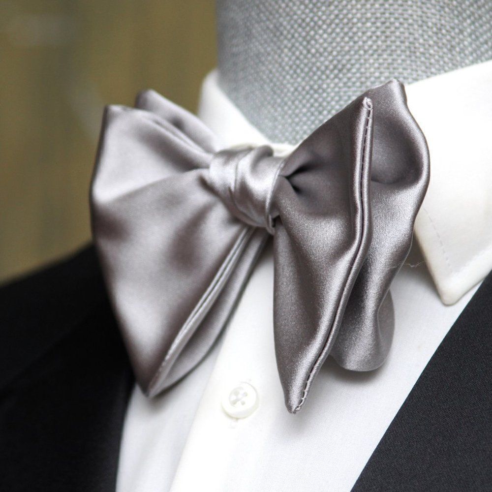 Men's Self-tied Bow Tie 100%Silk Big Butterfly Silver Grey S654 Gift…